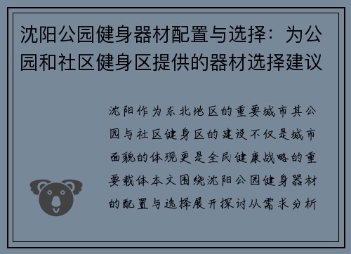 沈阳公园健身器材配置与选择：为公园和社区健身区提供的器材选择建议